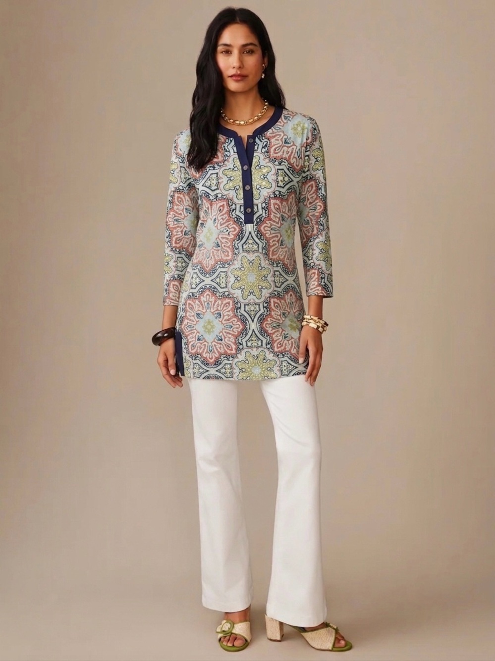 J. McLaughlin Biscayne Banded Collar Tunic, Blue & Terracotta Medallion Print XS